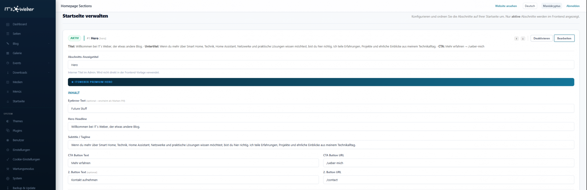Homepage-Sections im Admin